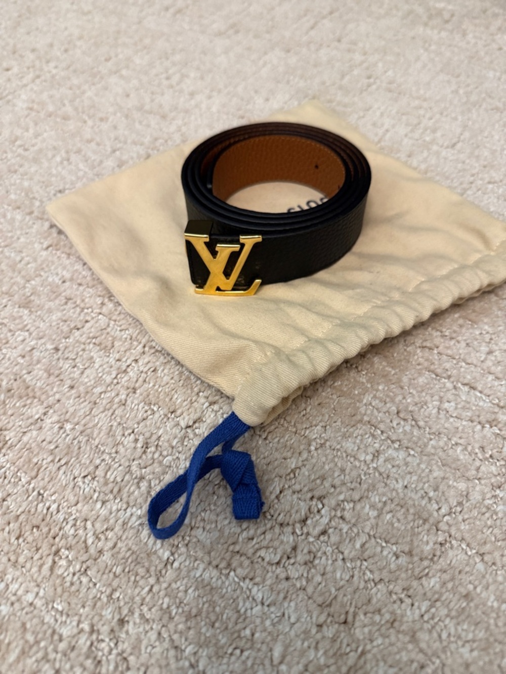 Louis Vuitton Black and Tan Leather Belt with Gold LV Buckle